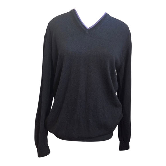 Sand 100% Merino Wool Black V-Neck Sweater With Purple Accent Size XL - Picture 1 of 6